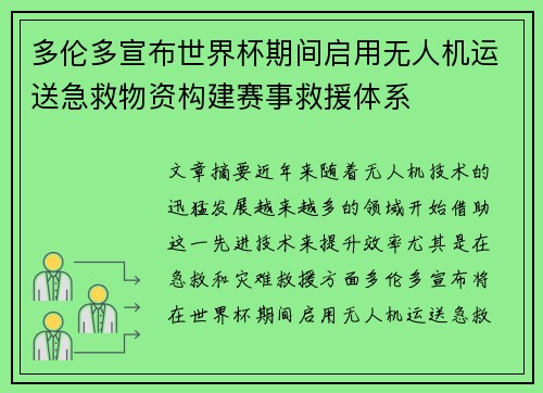 多伦多宣布世界杯期间启用无人机运送急救物资构建赛事救援体系
