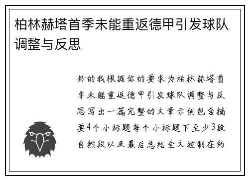 柏林赫塔首季未能重返德甲引发球队调整与反思