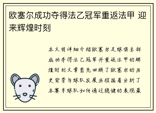 欧塞尔成功夺得法乙冠军重返法甲 迎来辉煌时刻