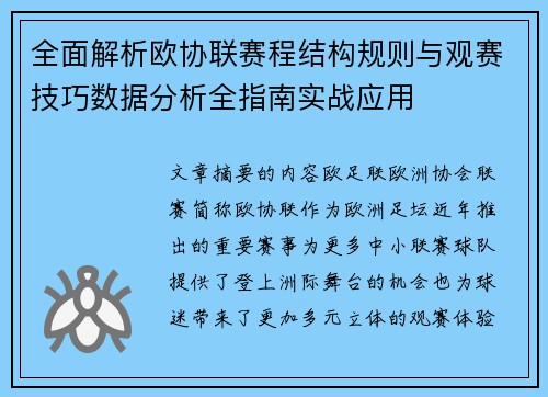 全面解析欧协联赛程结构规则与观赛技巧数据分析全指南实战应用